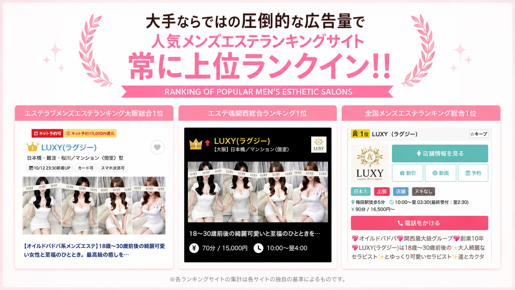 大手ならではの圧倒的な広告量で人気メンズエステランキングサイト常に上位ランクイン！！